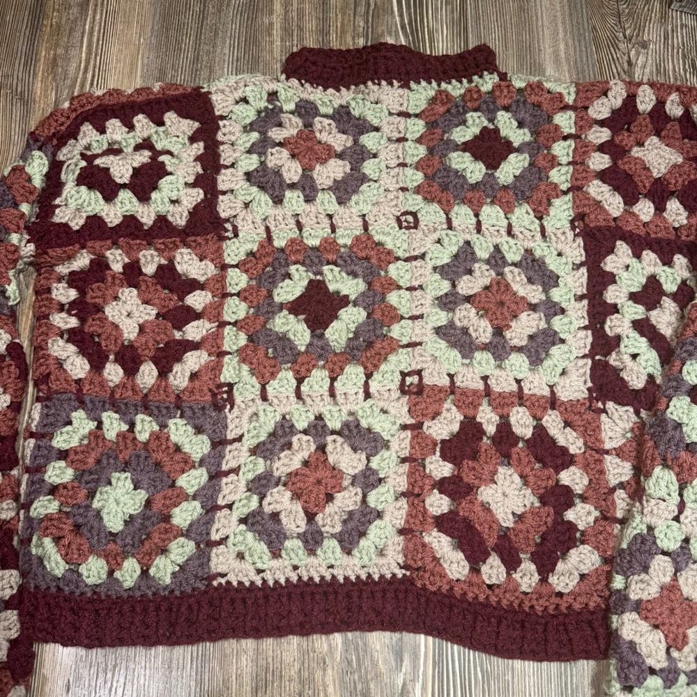 Handmade Granny Square‎ Crochet Turtleneck Sweater Burgundy Sage Mauve